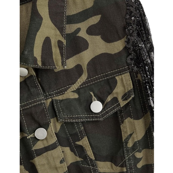 Women's Sequin Fringe Button Crop Camo Denim Sleeveless Jacket/Vest - Picture 5 of 5